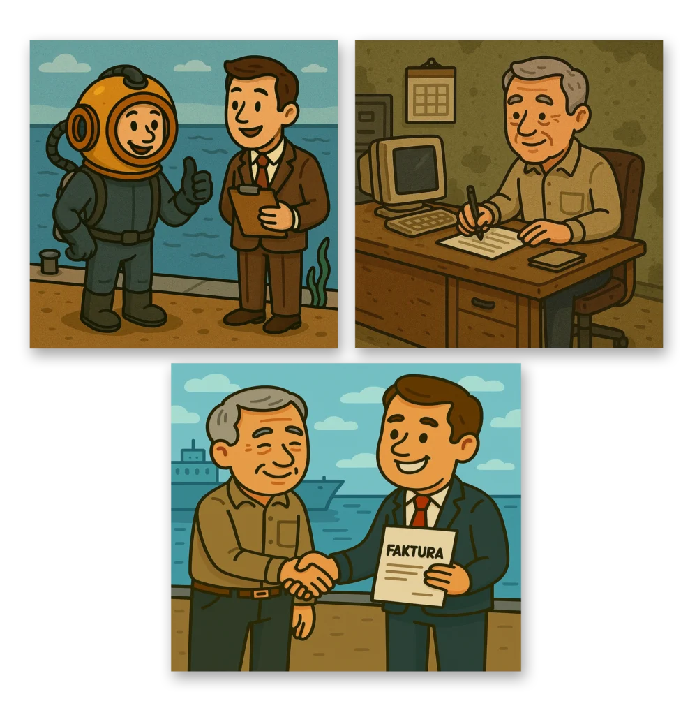 Tre karikaturtegninger af forskellige scener. Første af en dykker og en kunde, der snakker sammen. Andet af en mand, der skriver en faktura. Tredje af en mand, der giver en faktura til kunden.