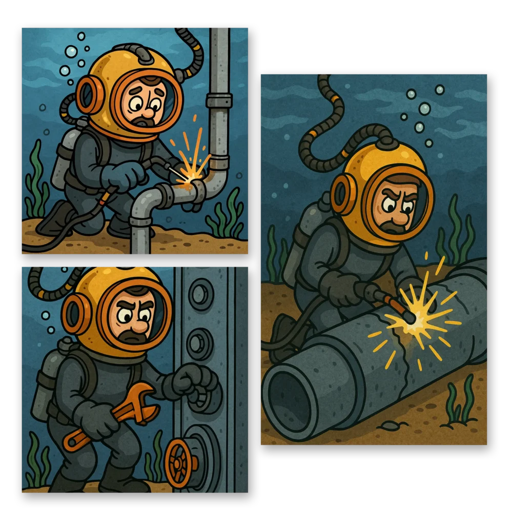 Tre karikaturtegninger af forskellige scener. Første af en dykker, der svejser under vandet. Andet af en dykker, der fikser et rør med et værktøj. Tredje af en dykker, der igen svejser under vandet.